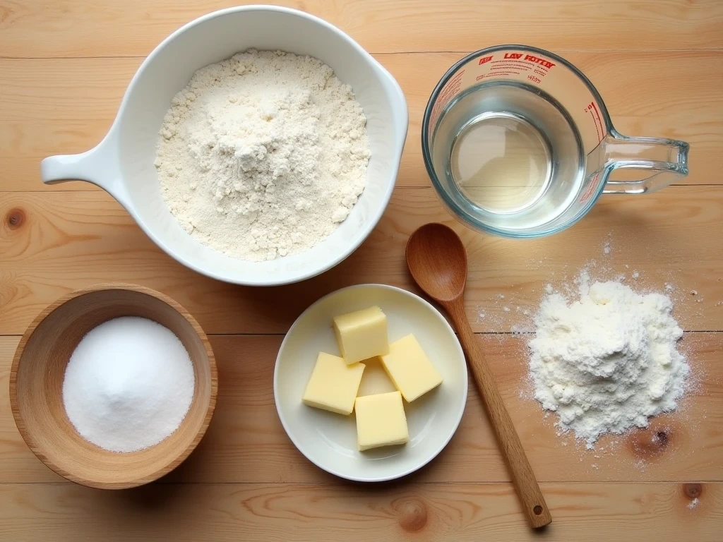 Biscuit ingredients including flour, baking powder, butter, and water