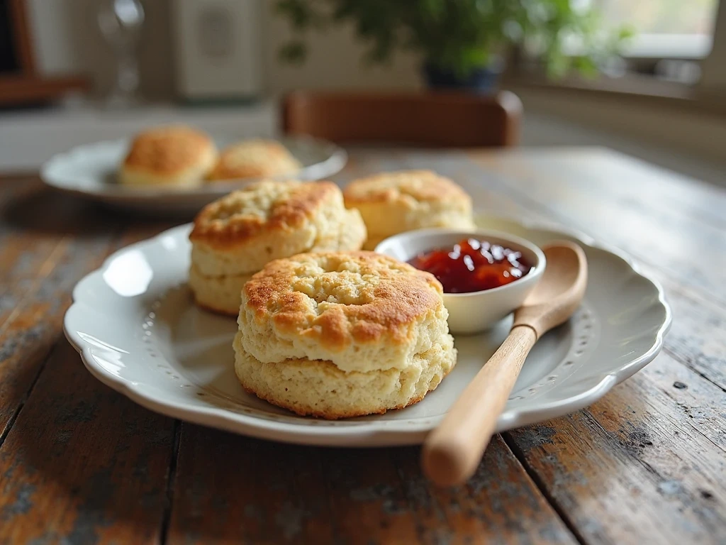 Biscuits on a plate with a small bowl of jam and a teacup
