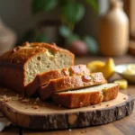 Fresh banana bread sliced on a wooden board with a cozy kitchen background