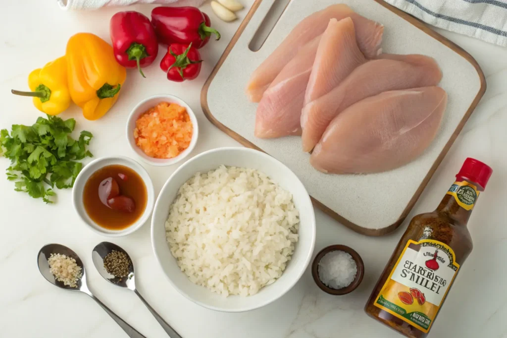 Raw ingredients like chicken, rice, peppers, onions, and BBQ sauce