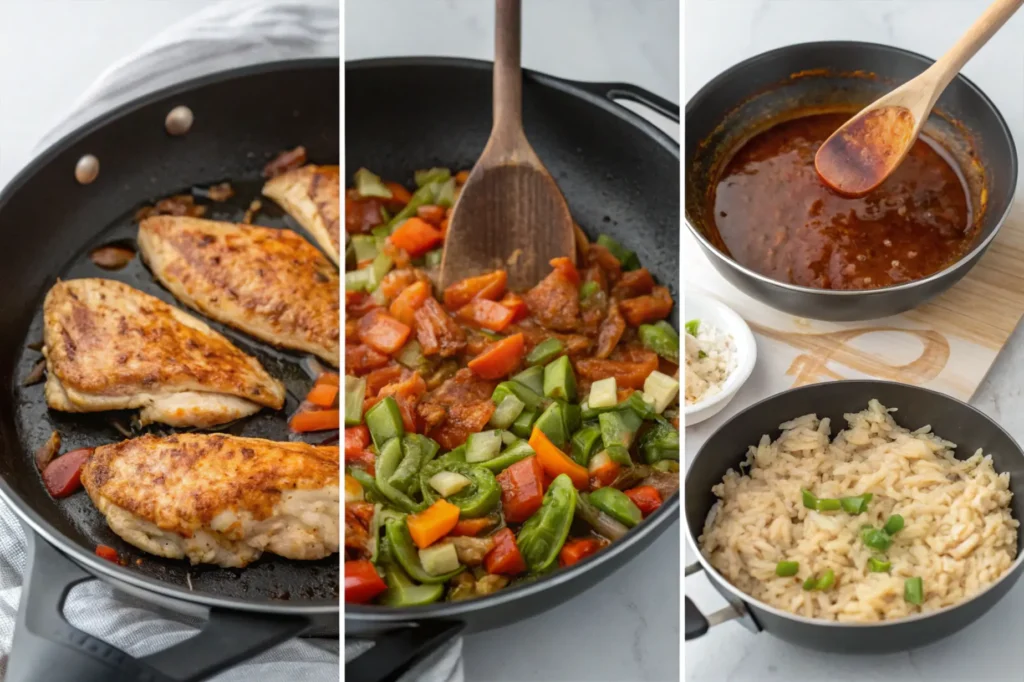 Raw ingredients like chicken, rice, peppers, onions, and BBQ sauce