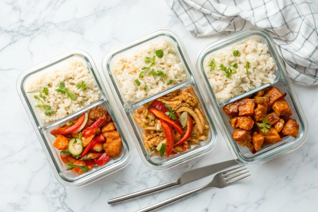 Honey BBQ Chicken Rice portioned into glass containers