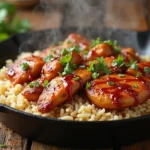 One-Pan Honey BBQ Chicken Rice served hot in a black skillet