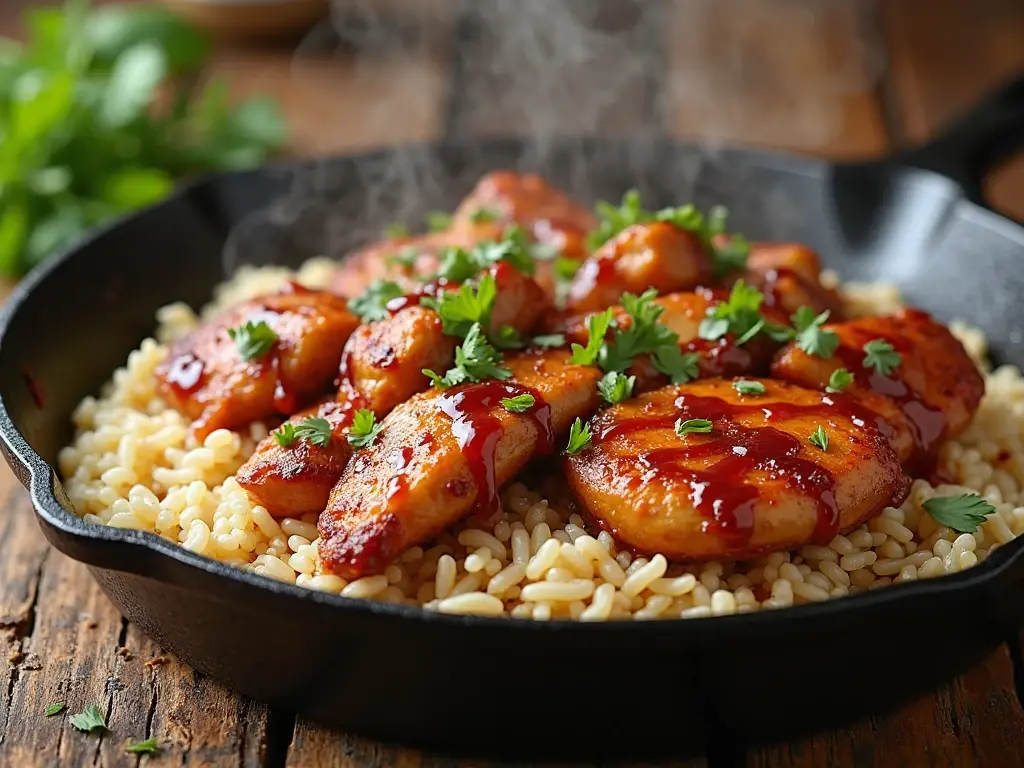 One-Pan Honey BBQ Chicken Rice served hot in a black skillet