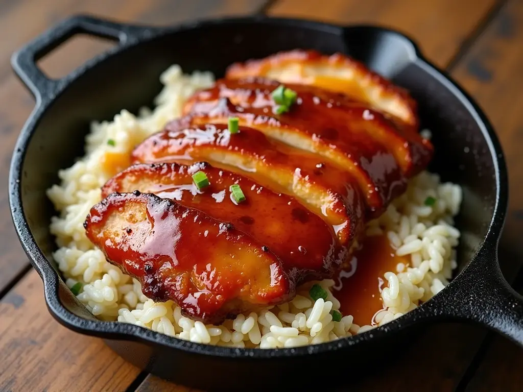 One-Pan Honey BBQ Chicken Rice served hot in a black skillet