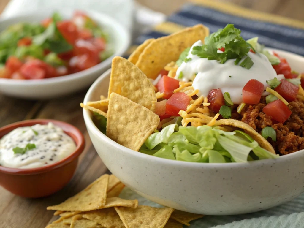 Close-up of taco salad with dressing and chips.