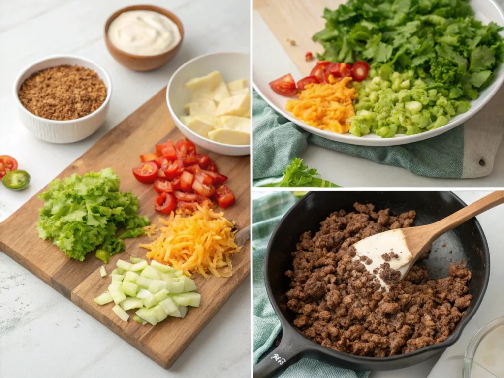 Step-by-step visuals of taco salad preparation.