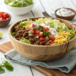 A vibrant taco salad recipe , with seasoned beef, shredded lettuce, tomatoes, and cheese in a rustic wooden bowl.