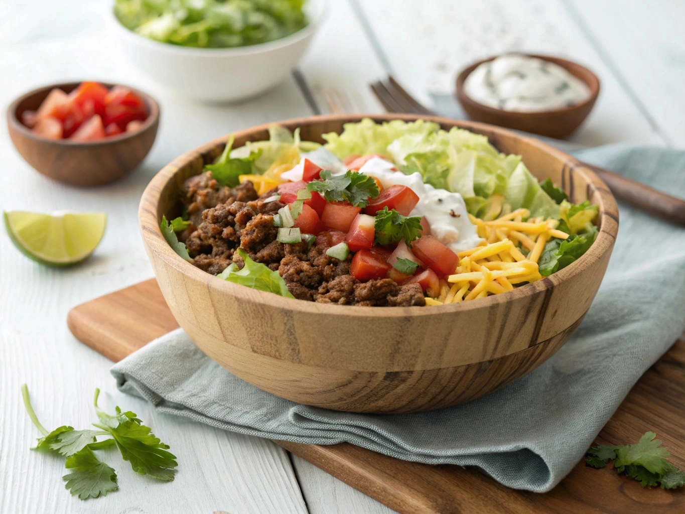 A vibrant taco salad recipe , with seasoned beef, shredded lettuce, tomatoes, and cheese in a rustic wooden bowl.